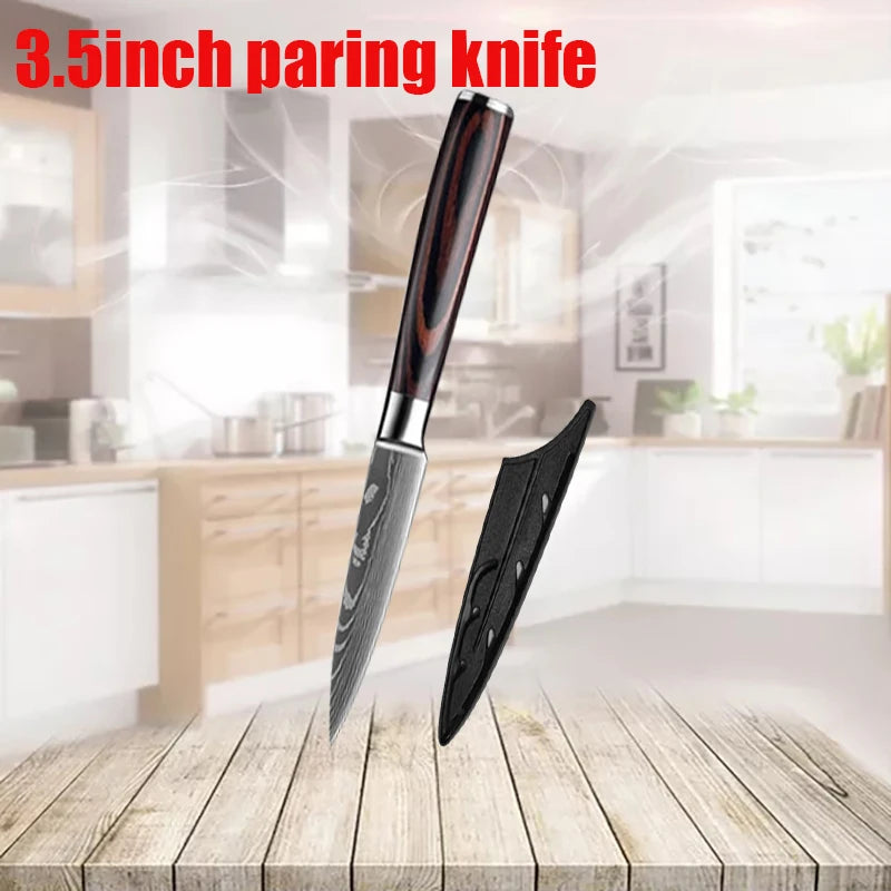 Stainless Steel Damascus Kitchen Knife Set – 3.5" Paring Knife, 5" Utility Santoku, 5" Utility Slicer with Laser Damascus Pattern - Willow & Wisk