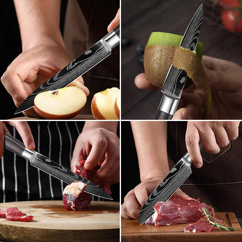 Stainless Steel Damascus Kitchen Knife Set – 3.5" Paring Knife, 5" Utility Santoku, 5" Utility Slicer with Laser Damascus Pattern - Willow & Wisk