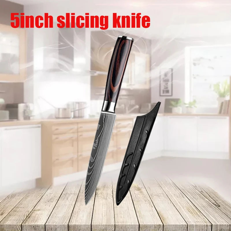 Stainless Steel Damascus Kitchen Knife Set – 3.5" Paring Knife, 5" Utility Santoku, 5" Utility Slicer with Laser Damascus Pattern - Willow & Wisk