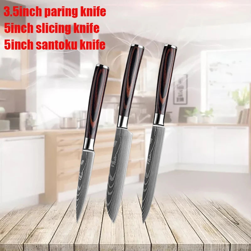 Stainless Steel Damascus Kitchen Knife Set – 3.5" Paring Knife, 5" Utility Santoku, 5" Utility Slicer with Laser Damascus Pattern - Willow & Wisk