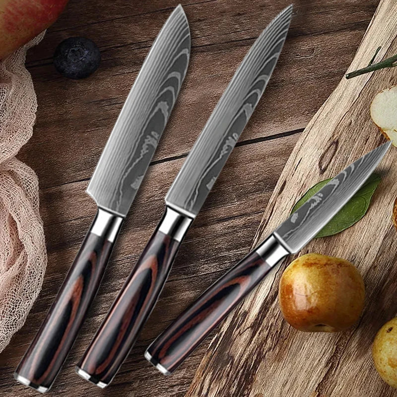 Stainless Steel Damascus Kitchen Knife Set – 3.5" Paring Knife, 5" Utility Santoku, 5" Utility Slicer with Laser Damascus Pattern - Willow & Wisk
