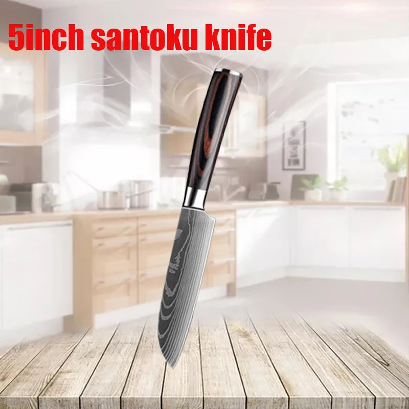 Stainless Steel Damascus Kitchen Knife Set – 3.5" Paring Knife, 5" Utility Santoku, 5" Utility Slicer with Laser Damascus Pattern - Willow & Wisk