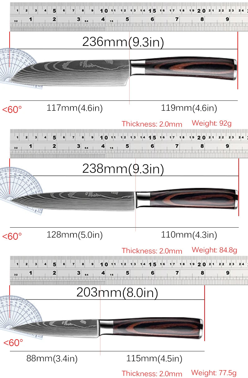 Stainless Steel Damascus Kitchen Knife Set – 3.5" Paring Knife, 5" Utility Santoku, 5" Utility Slicer with Laser Damascus Pattern - Willow & Wisk