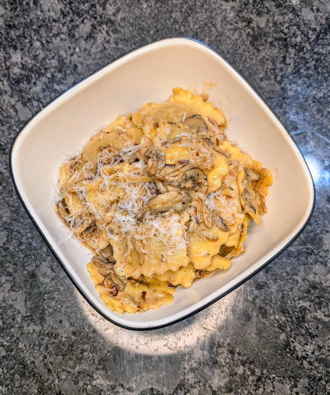 Caramelized Onion & Mushroom Ravioli (with Garlic Bread)