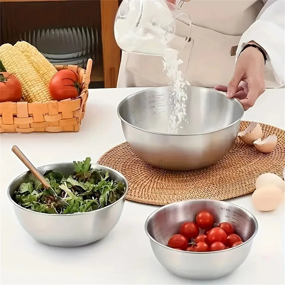 3pcs Stainless Steel Mixing Bowl Set – Large Capacity with Built-in Scale for Cooking, Baking & Food Storage - Willow & Wisk