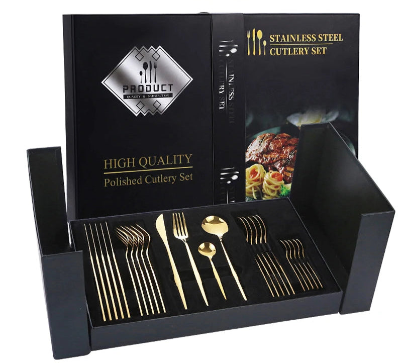 24-Piece Black & Gold Stainless Steel Cutlery Set – Elegant Dining & Special Occasions - Willow & Wisk