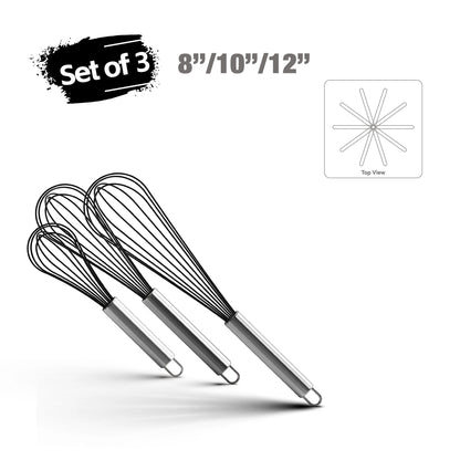 Premium Stainless Steel Balloon Whisk – Non-Stick Wire Whisk for Baking and Cooking (8", 10", 12") - Willow & Wisk