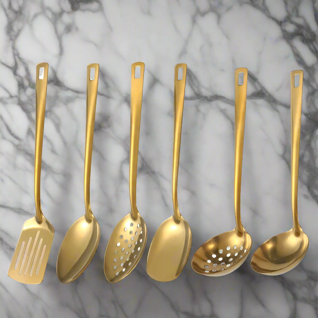 6-Piece Gold Stainless Steel Kitchen Utensil Set – Cooking & Serving Tools - Willow & Wisk