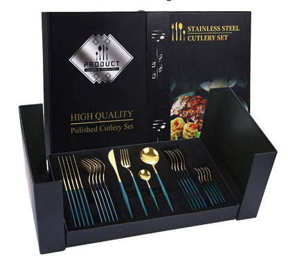 24-Piece Black & Gold Stainless Steel Cutlery Set – Elegant Dining & Special Occasions - Willow & Wisk