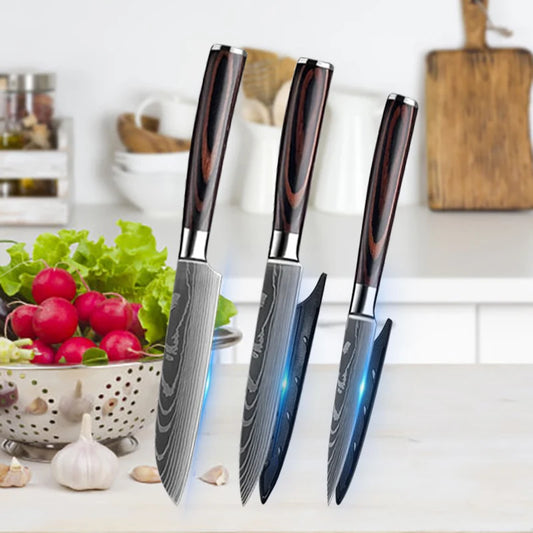 Stainless Steel Damascus Kitchen Knife Set – 3.5" Paring Knife, 5" Utility Santoku, 5" Utility Slicer with Laser Damascus Pattern - Willow & Wisk