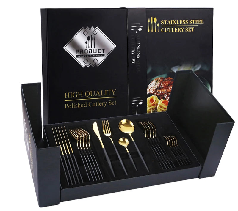 24-Piece Black & Gold Stainless Steel Cutlery Set – Elegant Dining & Special Occasions - Willow & Wisk