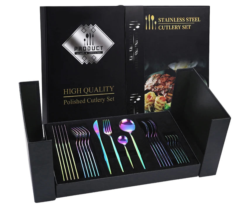 24-Piece Black & Gold Stainless Steel Cutlery Set – Elegant Dining & Special Occasions - Willow & Wisk